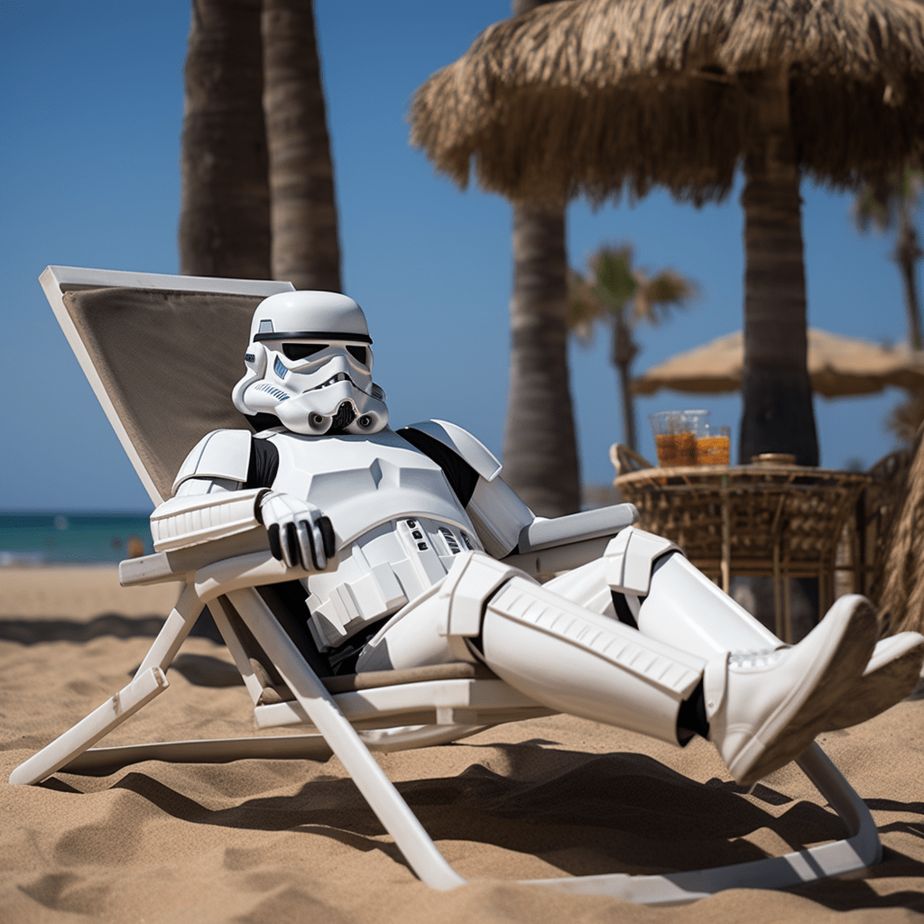 Trooper Star Wars sur une chaise longue sous les cocotiers, tranquille car il bénéficie de dividendes versés mensuellement